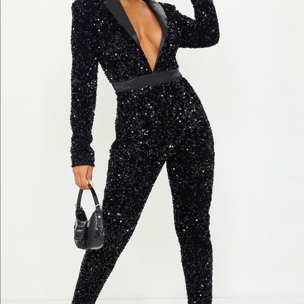 BLACK SEQUIN PLT JUMPSUIT